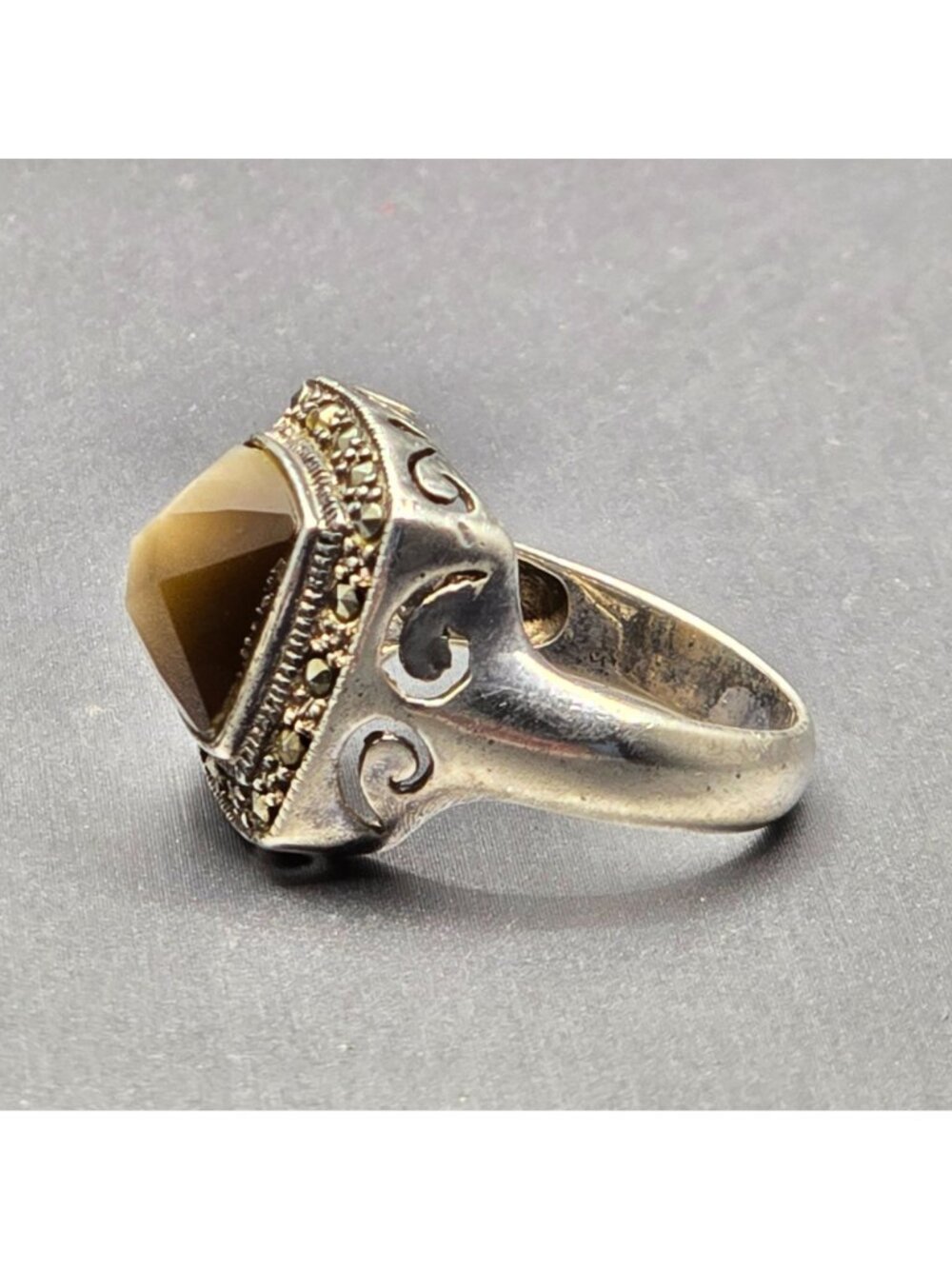 Vintage Sterling Silver Smokey Quartz Marcasite Ring Size 7 Art Deco Dome Cutout - Picture 2 of 15